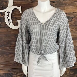 Lavender field | Striped Bell Sleeve Ruffle Trim V-Neck Tie Front Blouse
